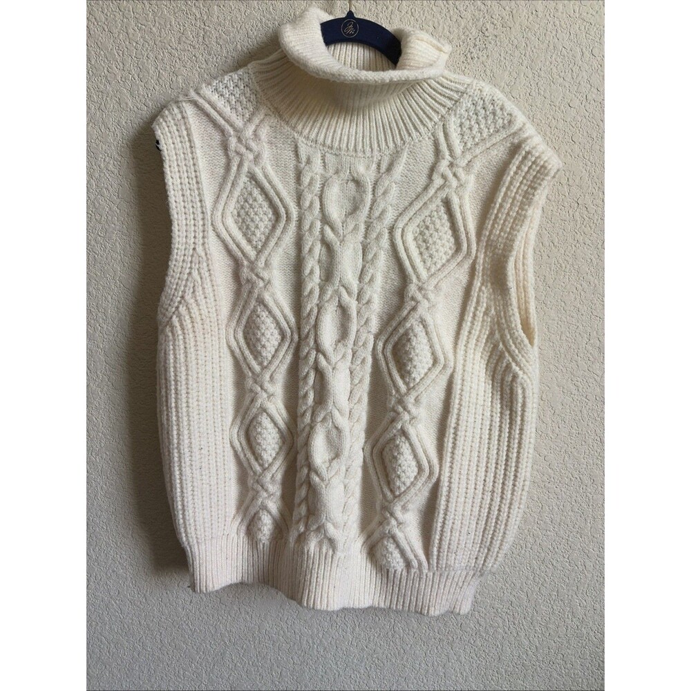 Chunky Cable Knit Fisherman Sweater Tank Cream Turtleneck Preppy Cozy XL Nordic